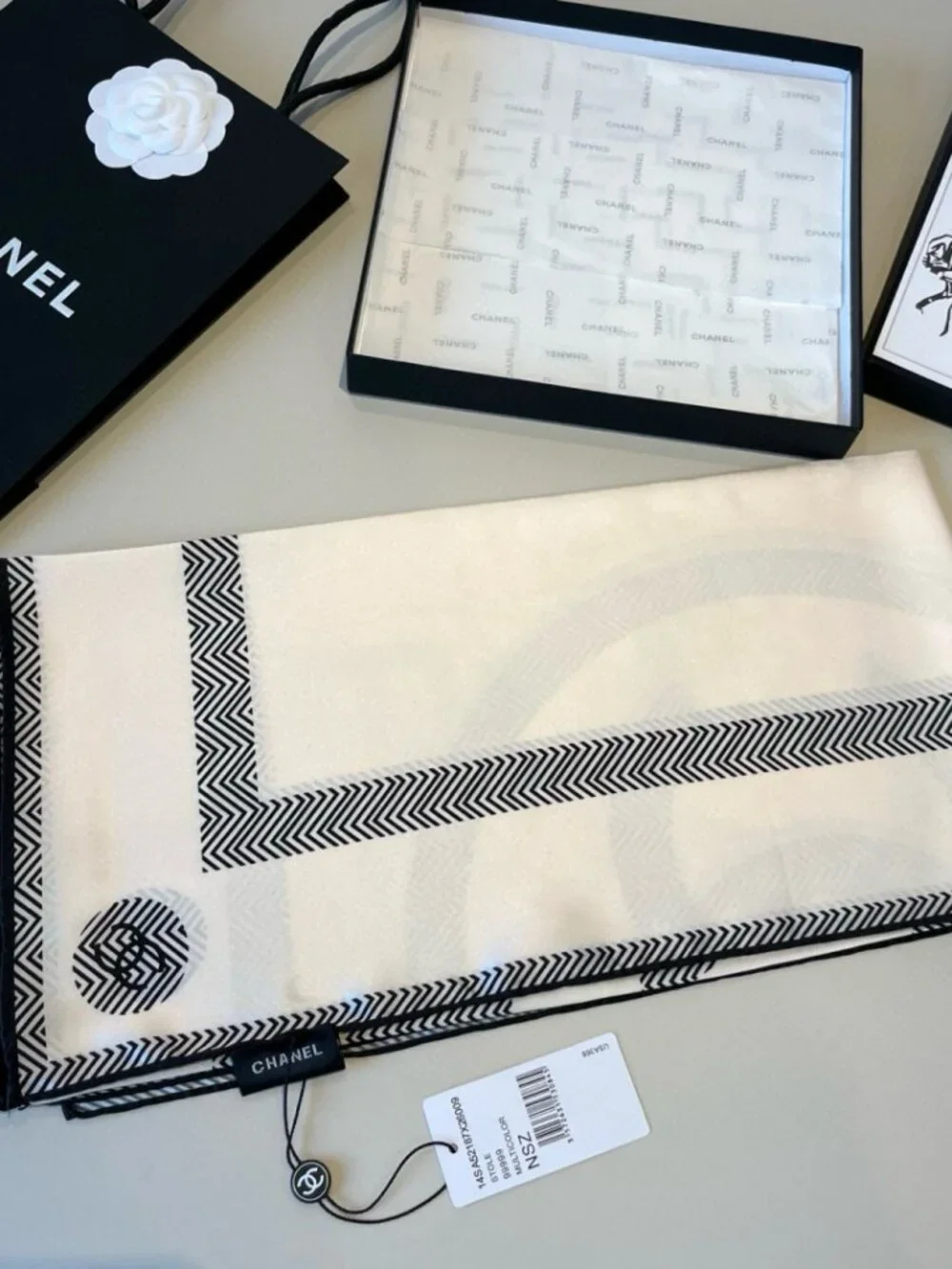 CHANEL Ivory Chevron CC Silk Scarf